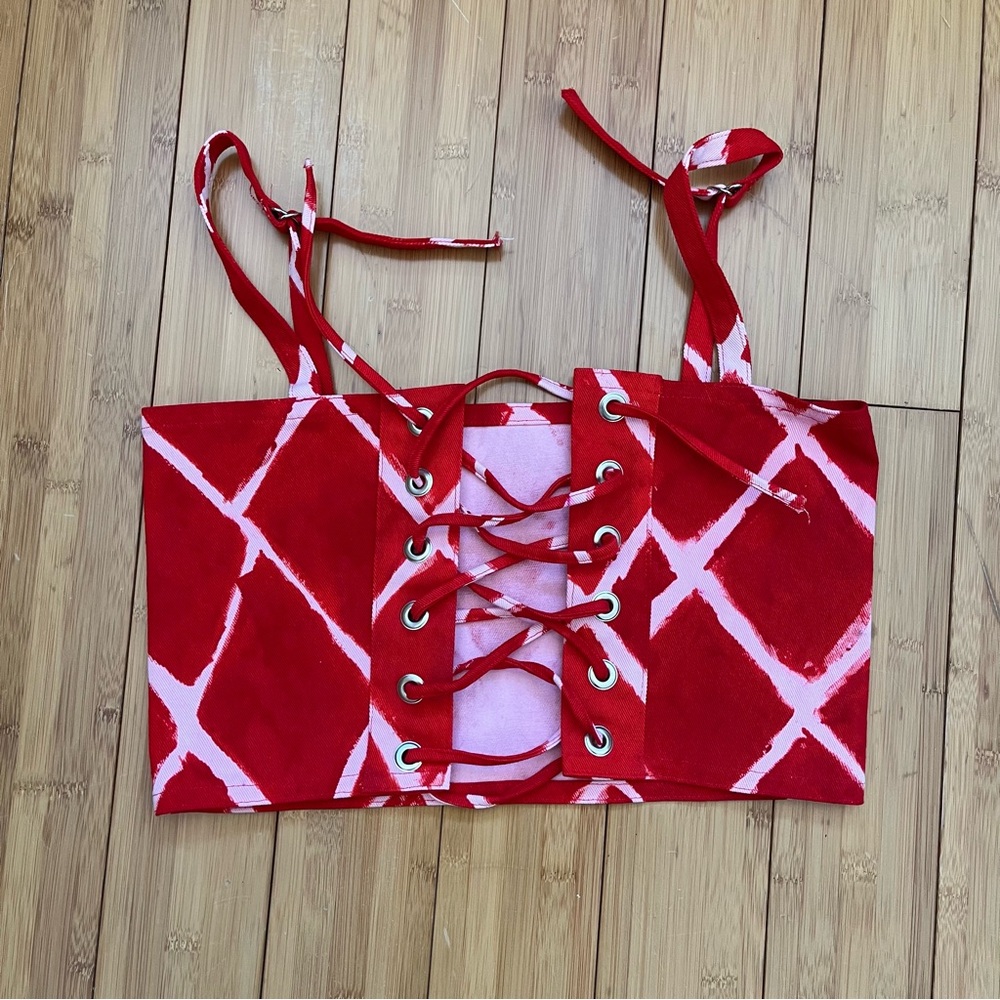 Hand made hand painted cotton corset Red and Pink Lace-Up Crop Top M